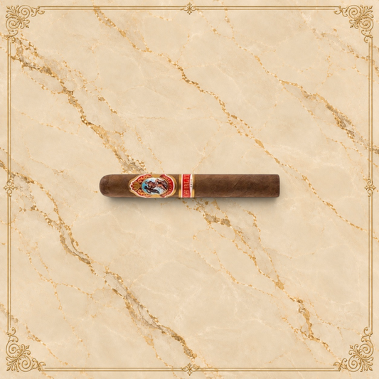 Arcadia Cigars God of Fire by Carlito Double Robusto cigar with detailed band on a cream background