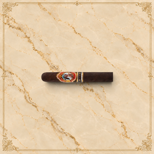 Arcadia Cigars God of Fire Serie B Double Robusto cigar with a dark wrapper and ornate gold and red band