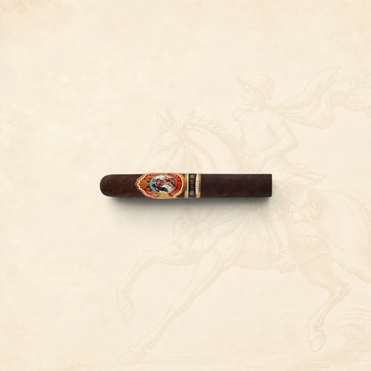 Arcadia Cigars God of Fire Serie B Double Robusto cigar with a dark wrapper and ornate gold and red band