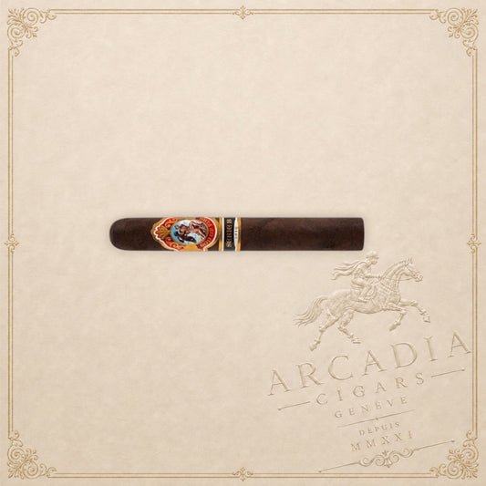 Arcadia Cigars God of Fire Serie B Gran Toro premium cigar with ornate band on a cream background