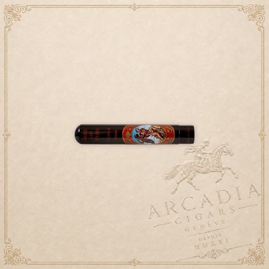 Arcadia Cigars God of Fire Serie B Robusto cigar in a protective black tubo with ornate decorative branding