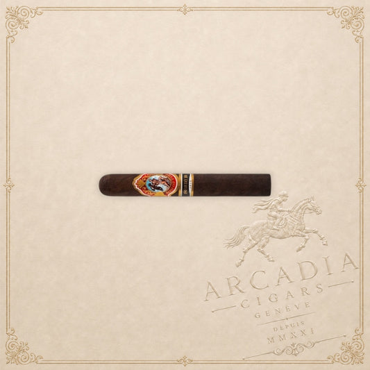 Arcadia Cigars God of Fire Serie B Robusto cigar with a dark wrapper and ornate decorative band