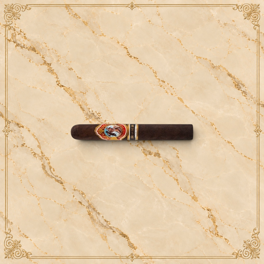 Arcadia Cigars God of Fire Serie B Robusto cigar with a dark wrapper and ornate decorative band