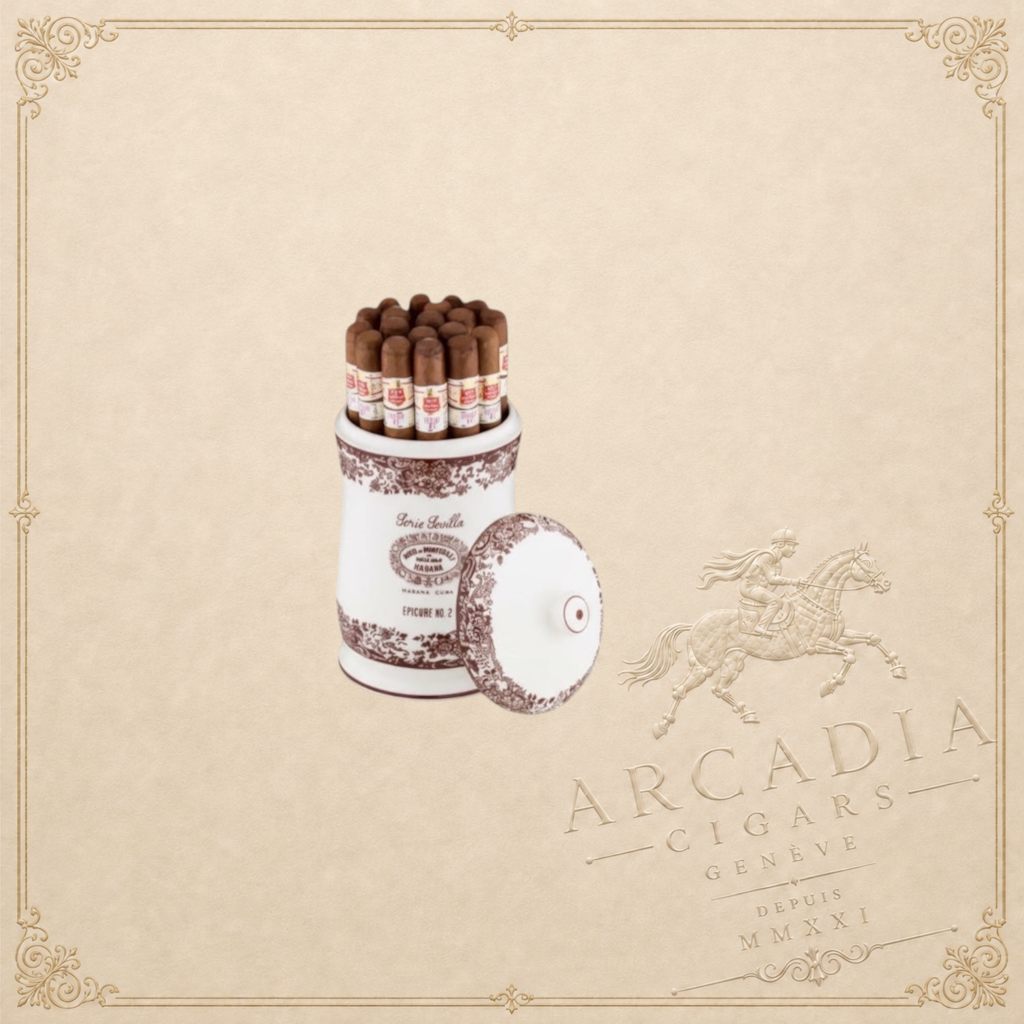 Arcadia Cigars Hoyo de Monterrey Epicure No. 2 Serie Sevilla ceramic jar with 25 Cuban cigars. Robusto format, mild-medium strength.