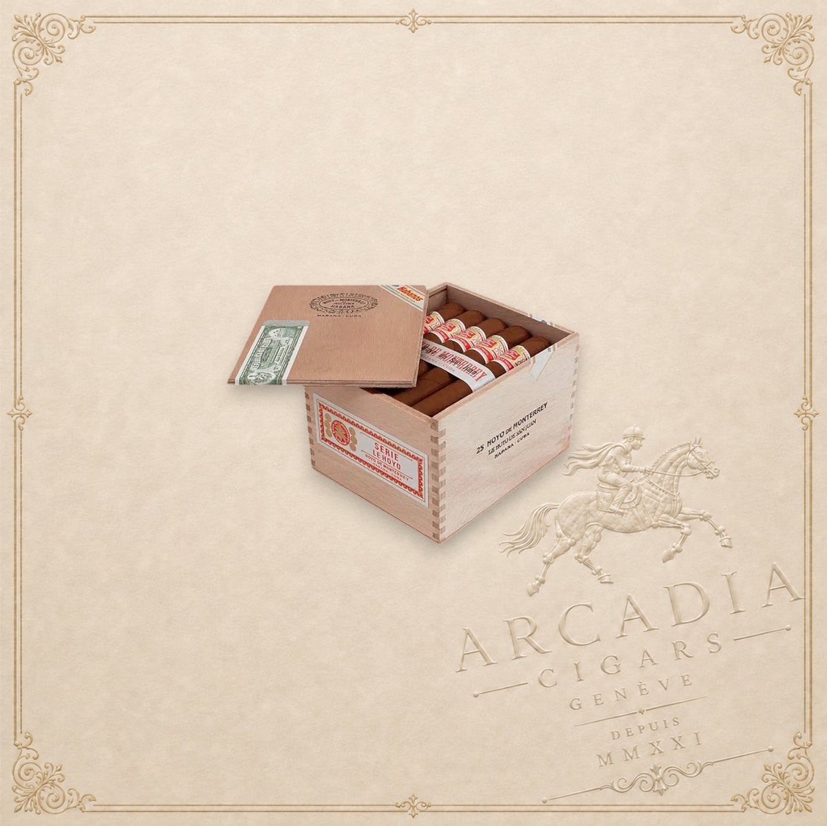 Arcadia Cigars Hoyo de Monterrey San Juan wooden box containing premium Cuban cigars on a green marble surface