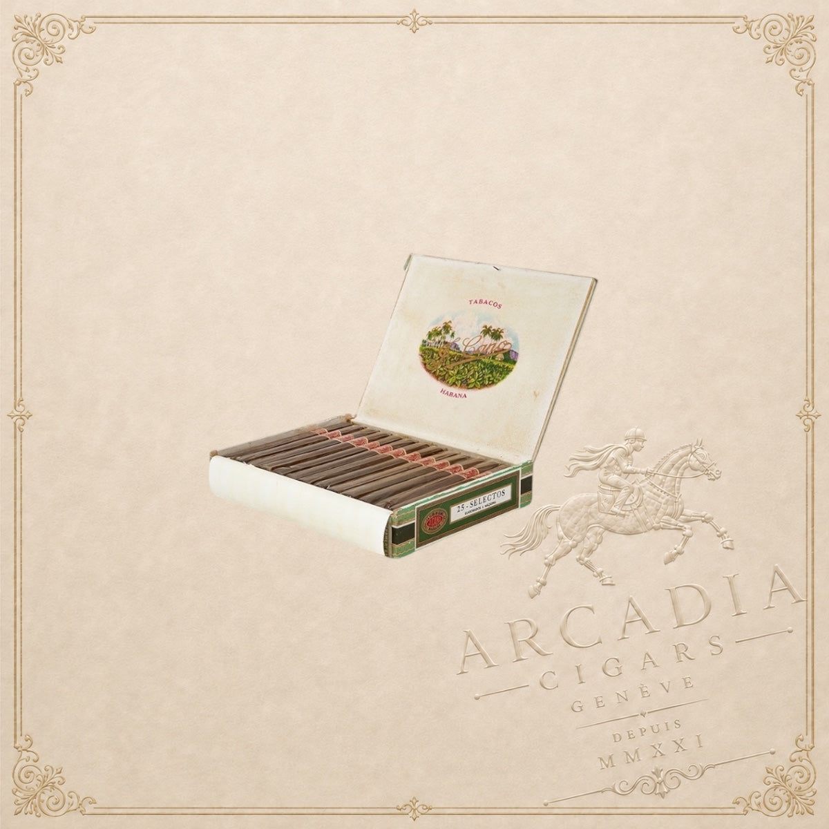 Arcadia Cigars La Flor de Cano Selectos vintage Cuban cigars in a cello box of 25 with traditional label artwork