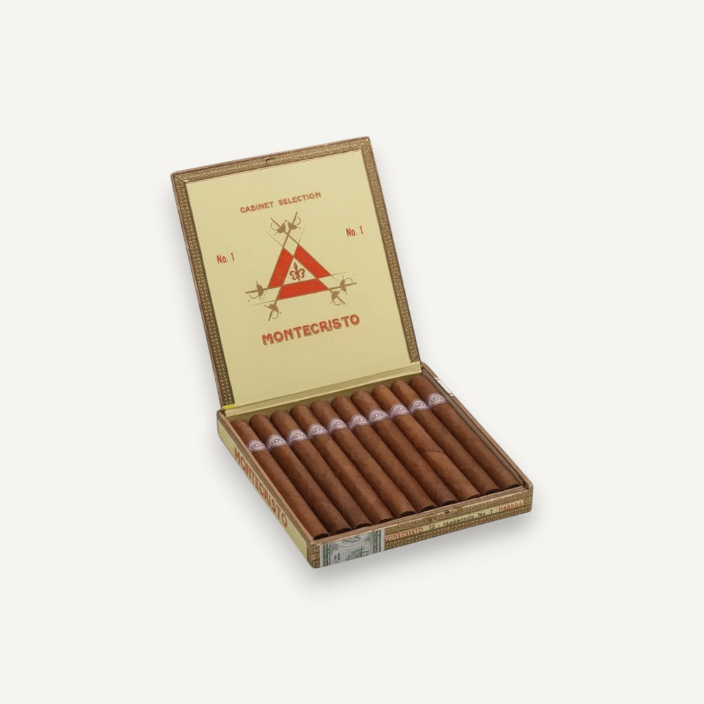 Arcadia Cigars Montecristo No. 1 Lonsdale cigars in a box. Medium-bodied Cuban cigars with cedar and coffee notes.