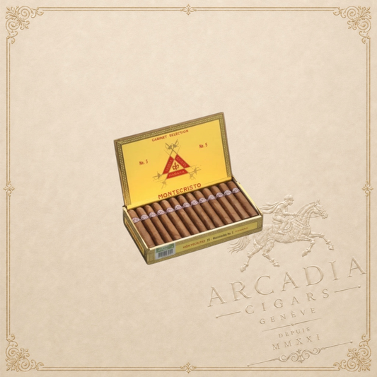 Arcadia Cigars Montecristo No. 5 box of 25 Cuban cigars, Perla format, 4" length, medium strength.