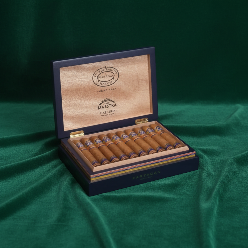 Arcadia Cigars Partagas Línea Maestra Maestro cigars in a dark blue box. Robusto Extra format, Cuban origin.