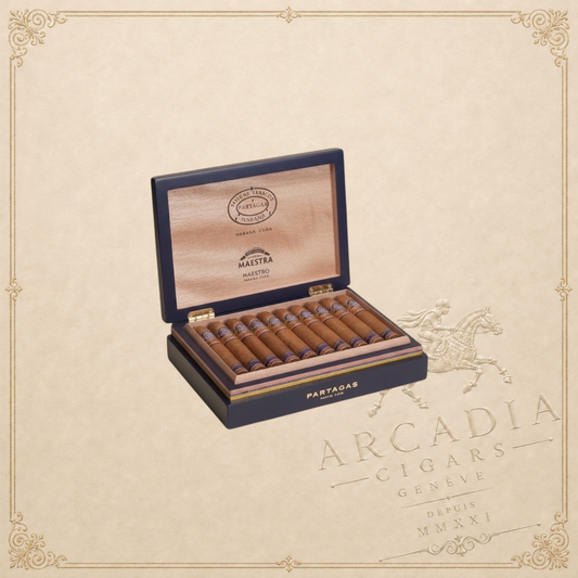 Arcadia Cigars Partagas Línea Maestra Maestro cigars in a navy blue box. Robusto Extra format, 5 1/4" length, 52 ring gauge.