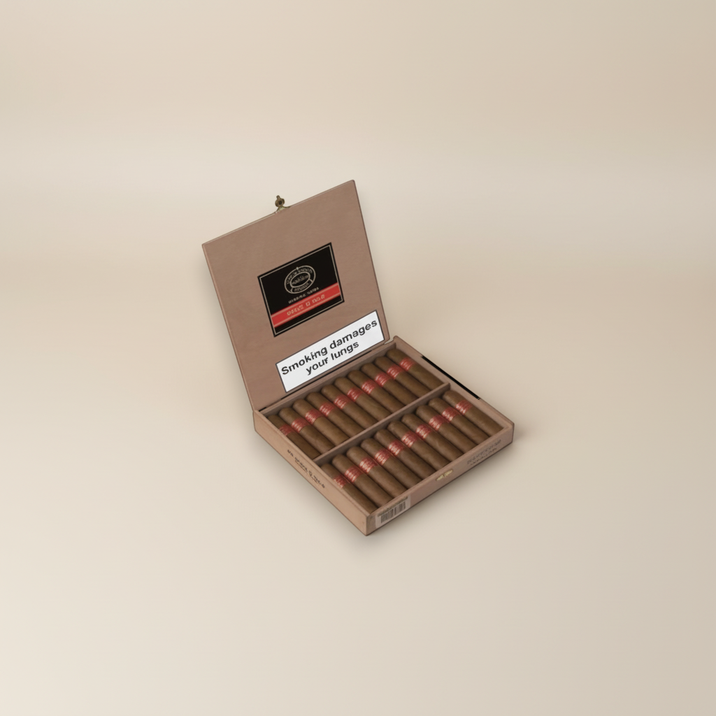 Arcadia Cigars Partagás Serie D No.6 box of 20 petit robusto cigars with red bands.