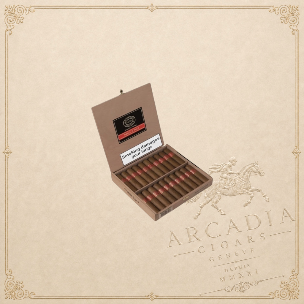 Arcadia Cigars Partagás Serie D No.6 box of 20 petit robusto cigars with red bands.