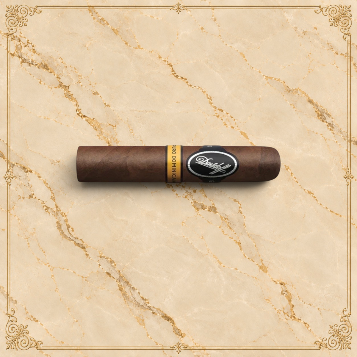 Arcadia Cigars Davidoff Puro Dominicano Short Robusto cigar with a dark wrapper on a textured cream background