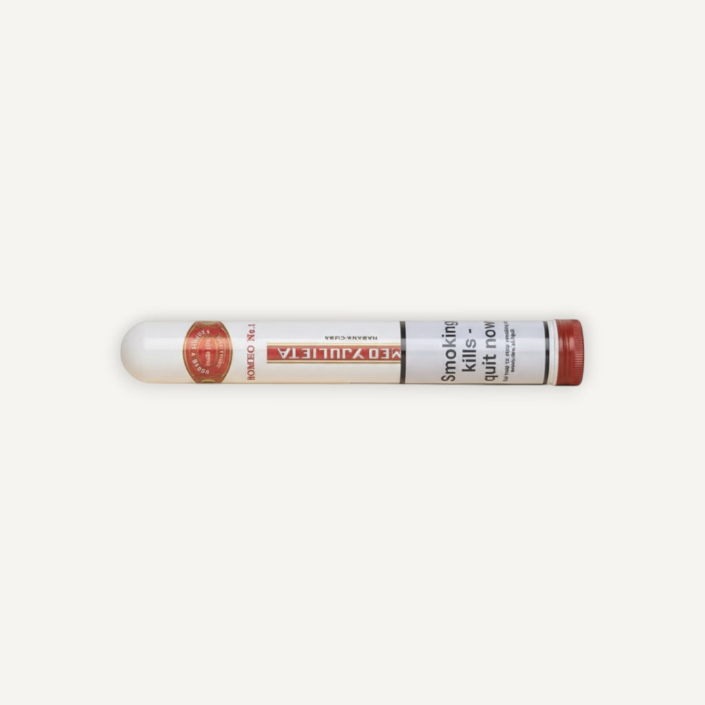 Arcadia Cigars Romeo y Julieta No. 1 Petit Corona cigar in a white tube with red cap. Notes of cedar, cream, spice.