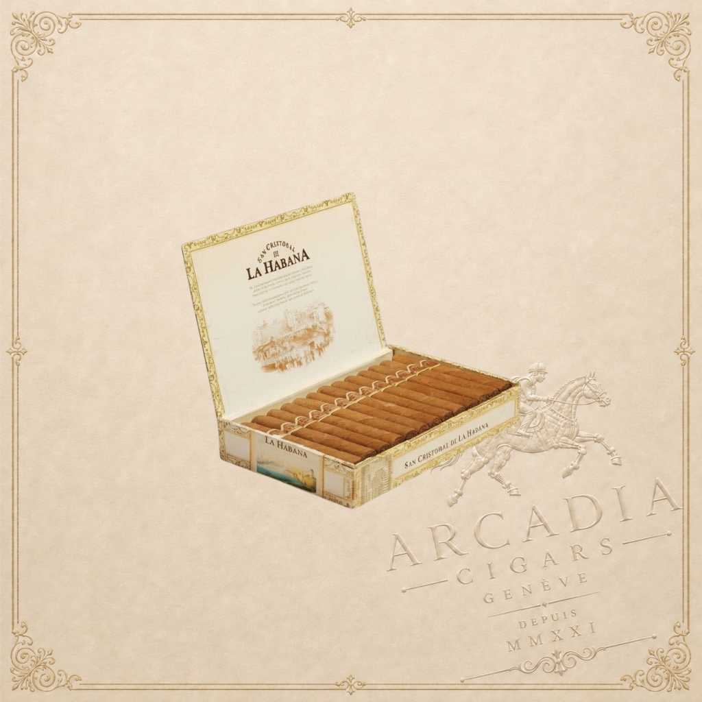 Arcadia Cigars San Cristobal de la Habana La Fuerza robusto extra cigars in an open box.