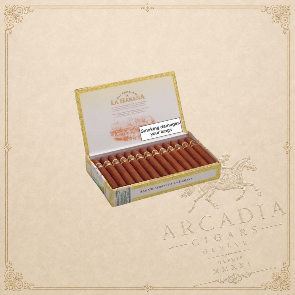 Arcadia Cigars San Cristobal De La Habana La Punta pirámide cigars in an open box. Creamy cedar, roasted nut, and spice notes.