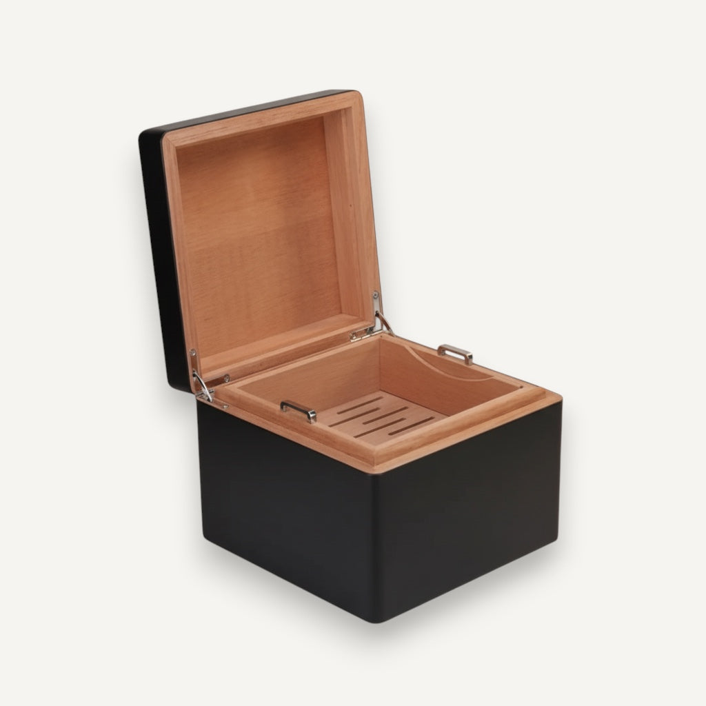 Arcadia Cigars S.T. Dupont black lacquered wood cigar humidor with palladium details, holds 50-75 cigars.