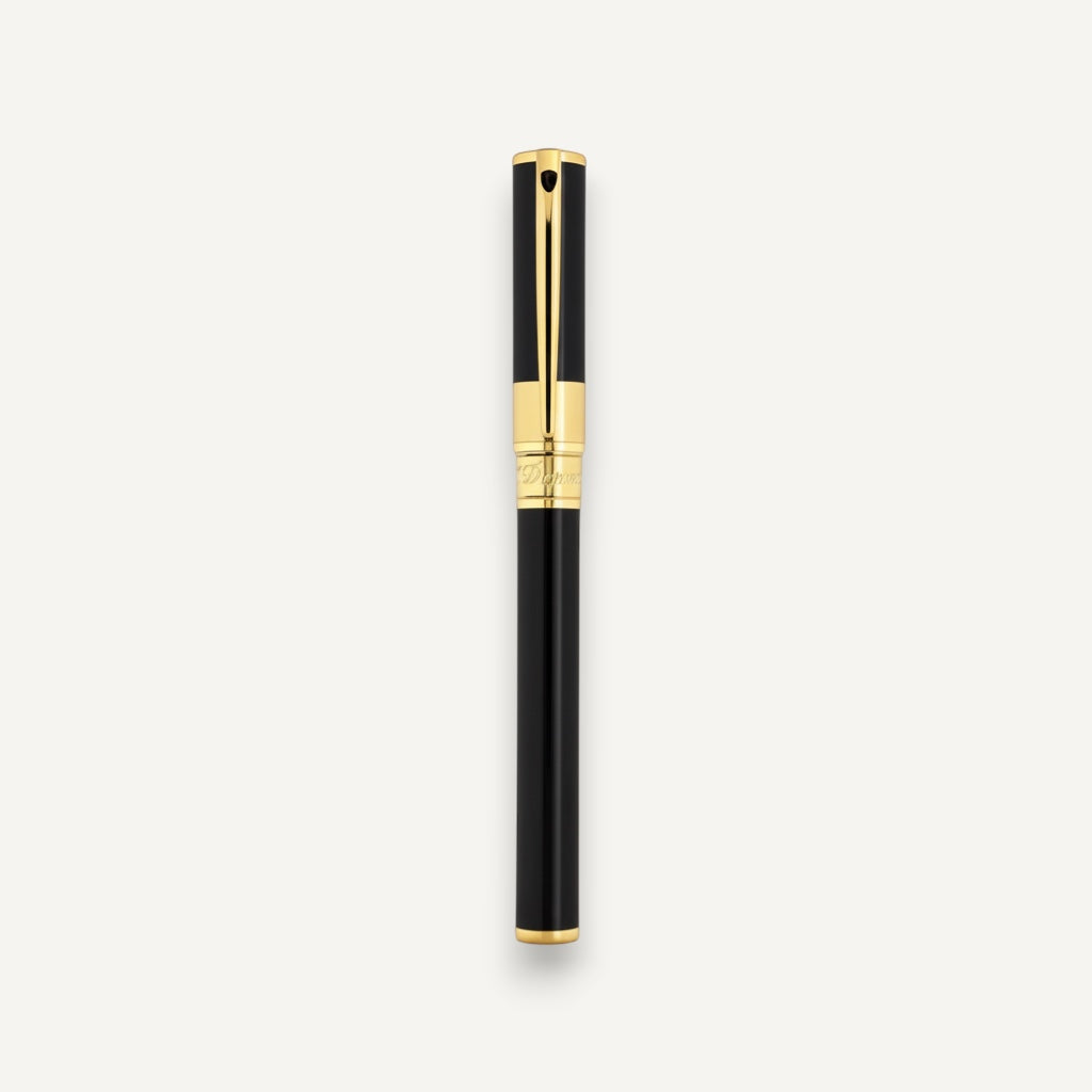 Arcadia Cigars S.T. Dupont D-Initial black lacquer and gold rollerball pen with classic design.