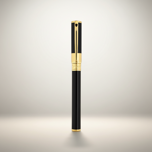 Arcadia Cigars S.T. Dupont D-Initial black lacquer and gold rollerball pen with classic design.