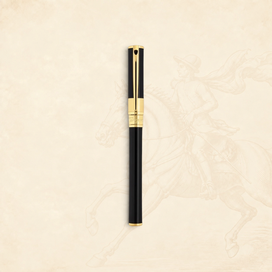 Arcadia Cigars S.T. Dupont D-Initial black lacquer and gold rollerball pen with classic design.