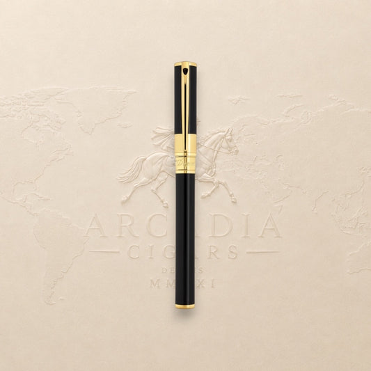Arcadia Cigars S.T. Dupont D-Initial black lacquer and gold rollerball pen with classic design.