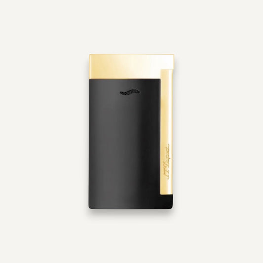 Arcadia Cigars S.T. Dupont Slim 7 black lacquered lighter with gold trim and single torch flame.