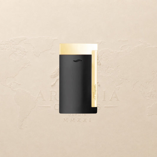 Arcadia Cigars S.T. Dupont Slim 7 black lacquered lighter with gold trim and single torch flame.