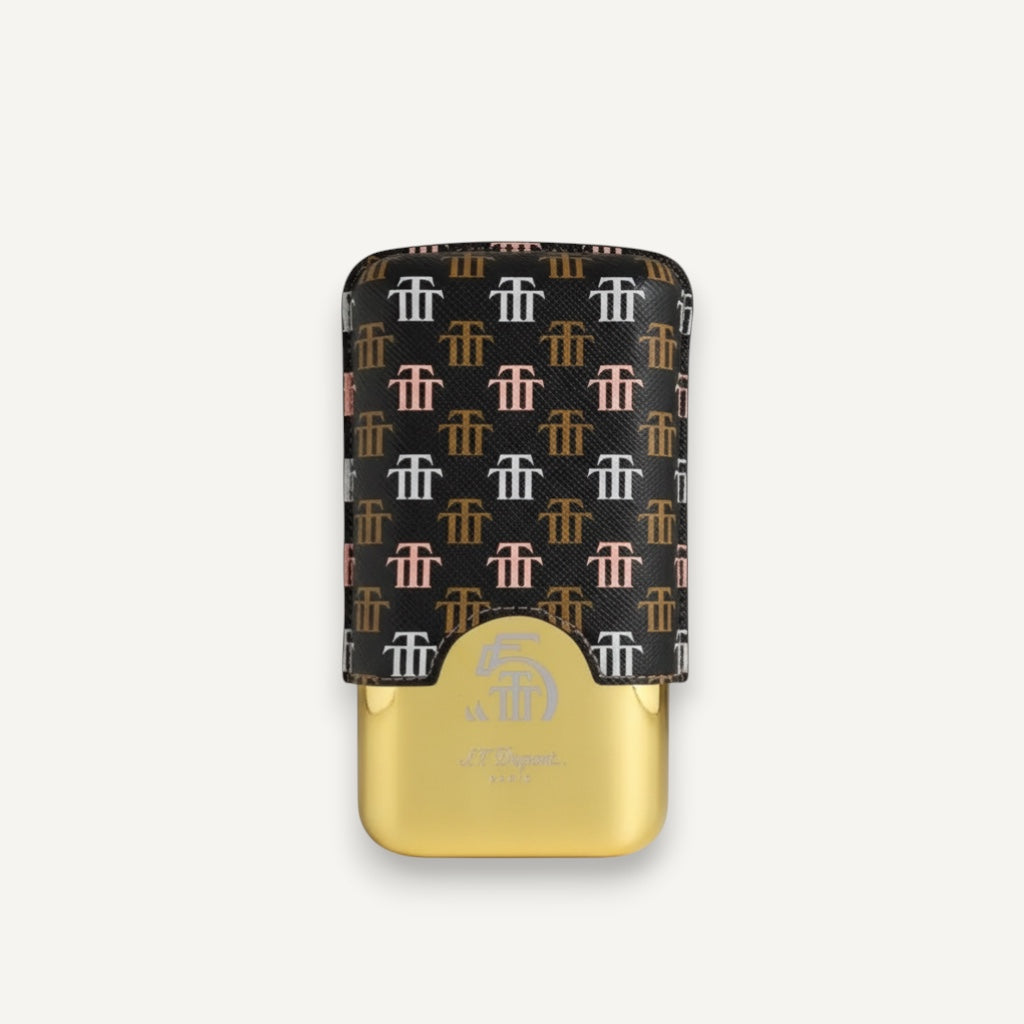 Arcadia Cigars S.T. Dupont Trinidad leather cigar case with repeating logo pattern and gold base, holds 2-3 cigars.