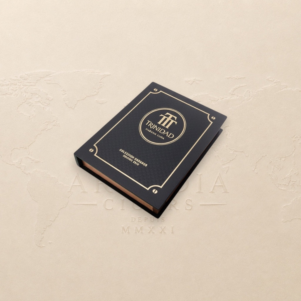 Arcadia Cigars Trinidad Casilda Colección Habanos 2019 cigar box, black with gold trim and logo.