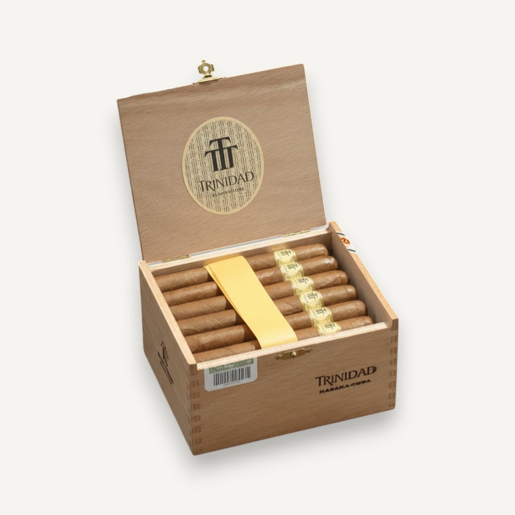 Arcadia Cigars Trinidad Coloniales Petit Corona cigars in a wooden box. Medium strength Cuban cigars with cedar, cream, and spice notes.