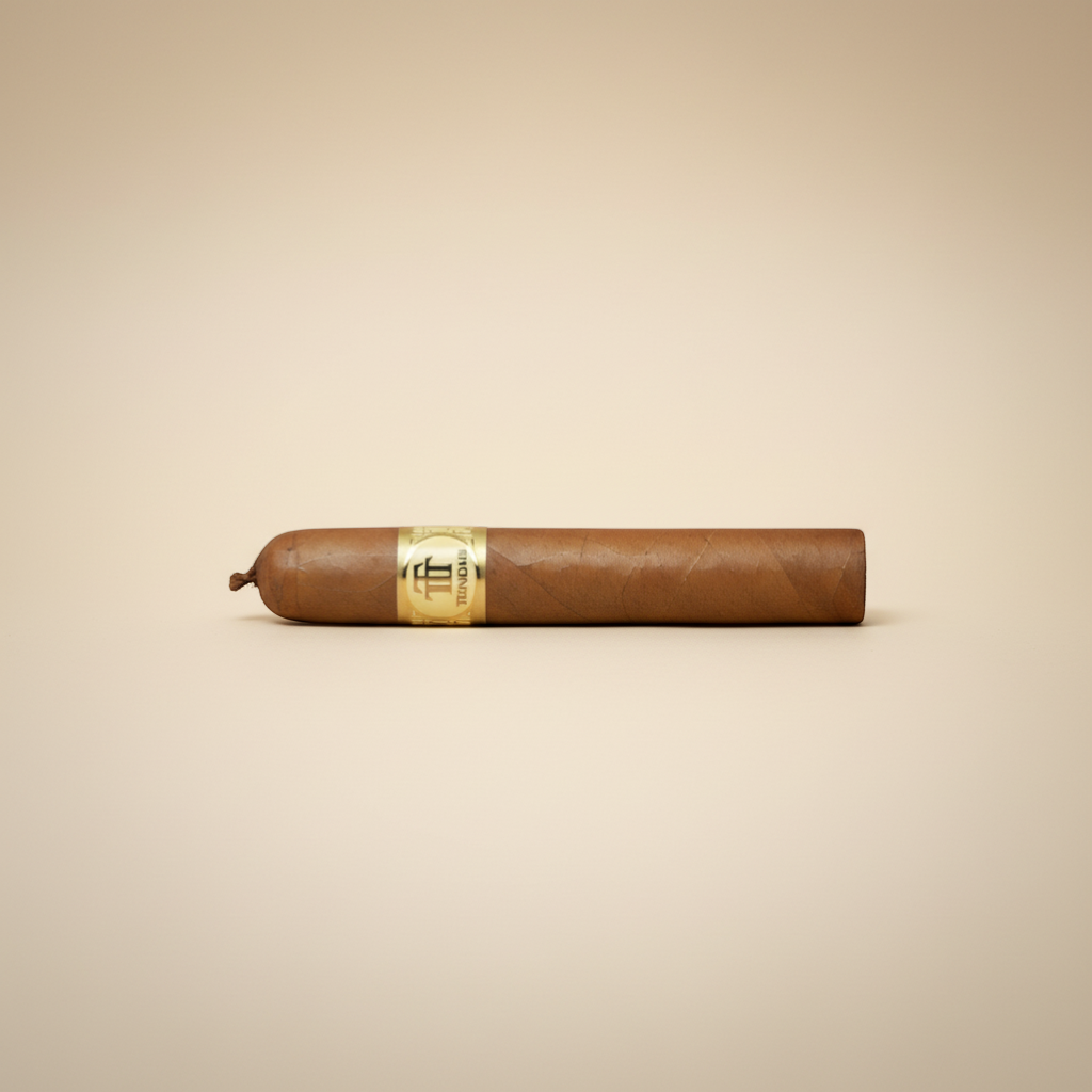 Arcadia Cigars Trinidad Reyes Petit Corona cigar with a golden band, medium strength, creamy, woody, and spicy notes.