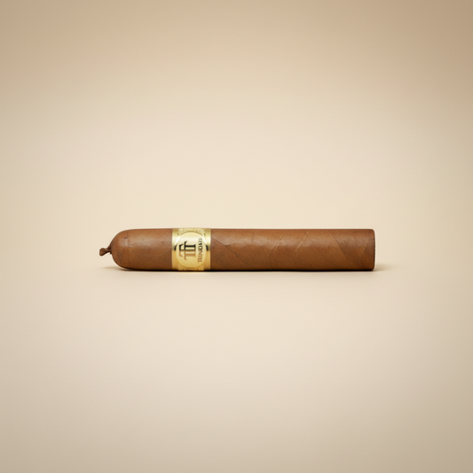 Arcadia Cigars Trinidad Reyes Petit Corona cigar with a golden band, medium strength, creamy, woody, and spicy notes.
