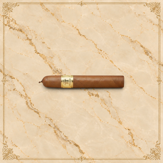 Arcadia Cigars Trinidad Reyes Petit Corona cigar with a golden band, medium strength, creamy, woody, and spicy notes.