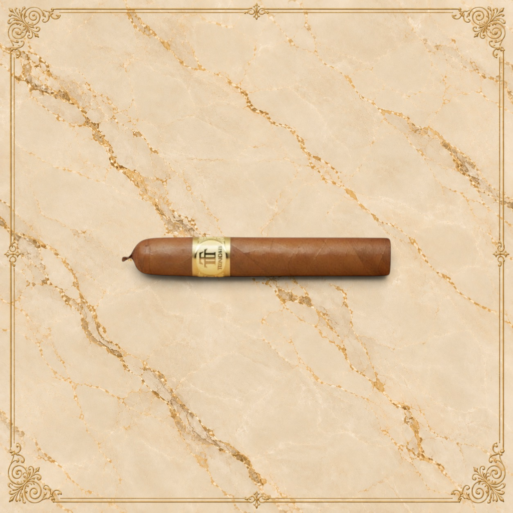 Arcadia Cigars Trinidad Reyes Petit Corona cigar with a golden band, medium strength, creamy, woody, and spicy notes.