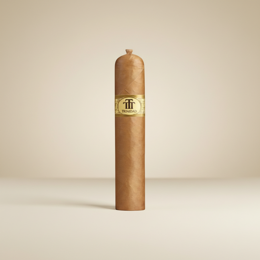 Arcadia Cigars Trinidad Vigía Petit Corona cigar with a medium brown wrapper and gold band.