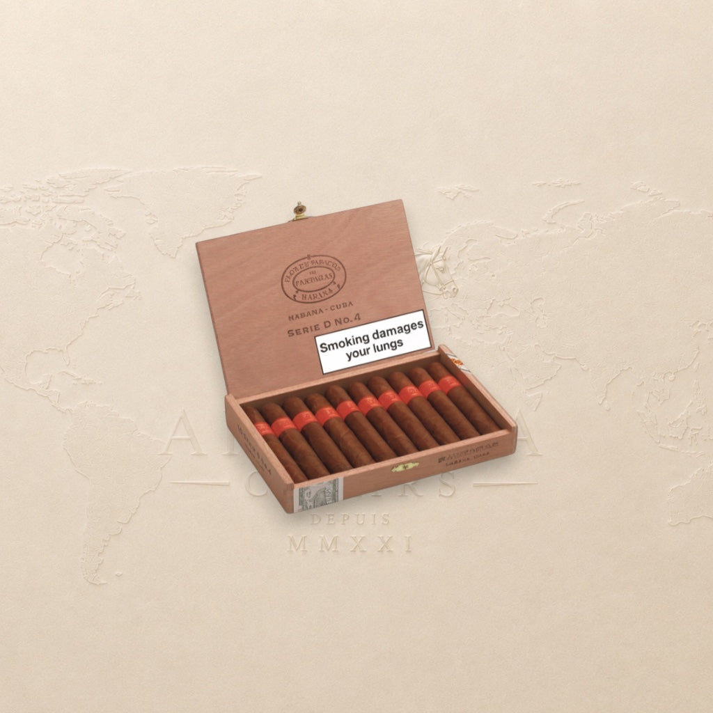 Arcadia Cigars Partagás Serie D No.4 robusto cigars in wooden box. Earthy, peppery, cocoa notes.