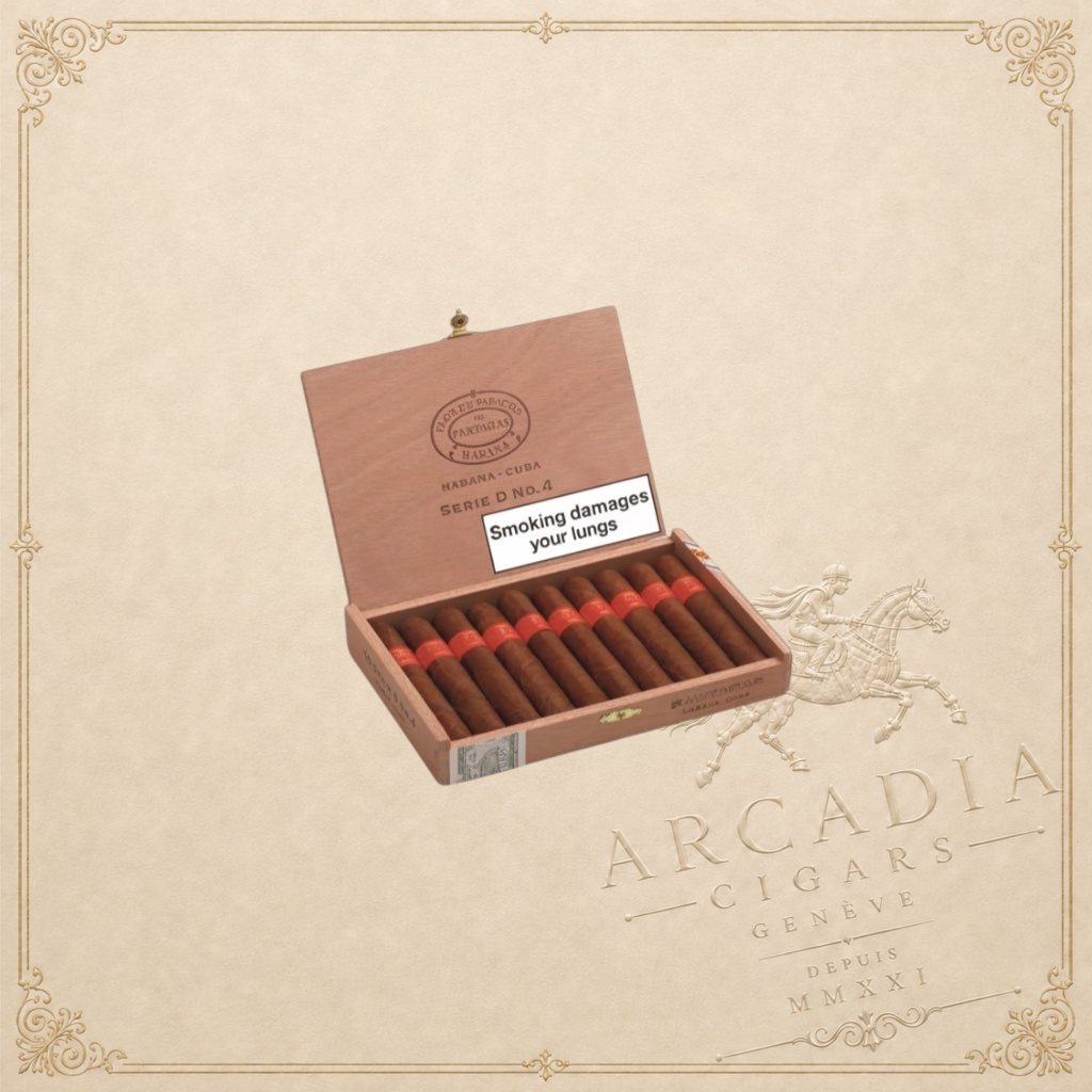 Arcadia Cigars Partagás Serie D No.4 robusto cigars in wooden box. Earthy, peppery, cocoa notes.
