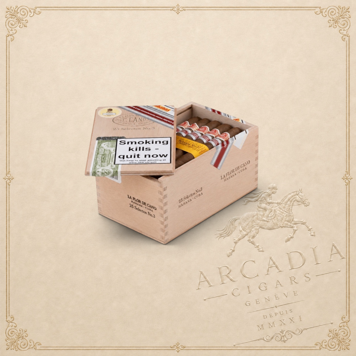 Arcadia Cigars La Flor de Cano Selectos No.3 UK Regional Edition cigars in an open wooden box with branded labels.