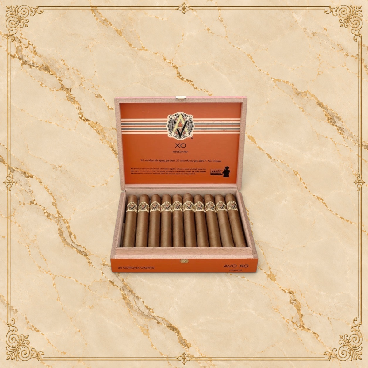 Arcadia Cigars AVO XO Notturno robusto cigars in an open wooden box with Ecuadorian Connecticut wrappers