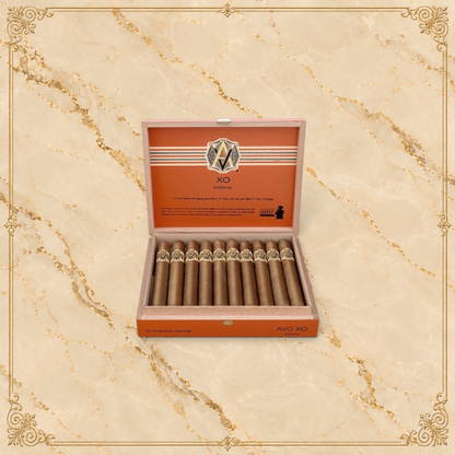 Arcadia Cigars AVO XO Notturno robusto cigars in an open wooden box with Ecuadorian Connecticut wrappers