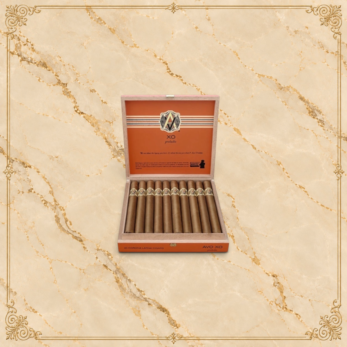 Arcadia Cigars AVO XO Preludio box of Corona Larga cigars with Ecuadorian Connecticut wrapper on a textured background