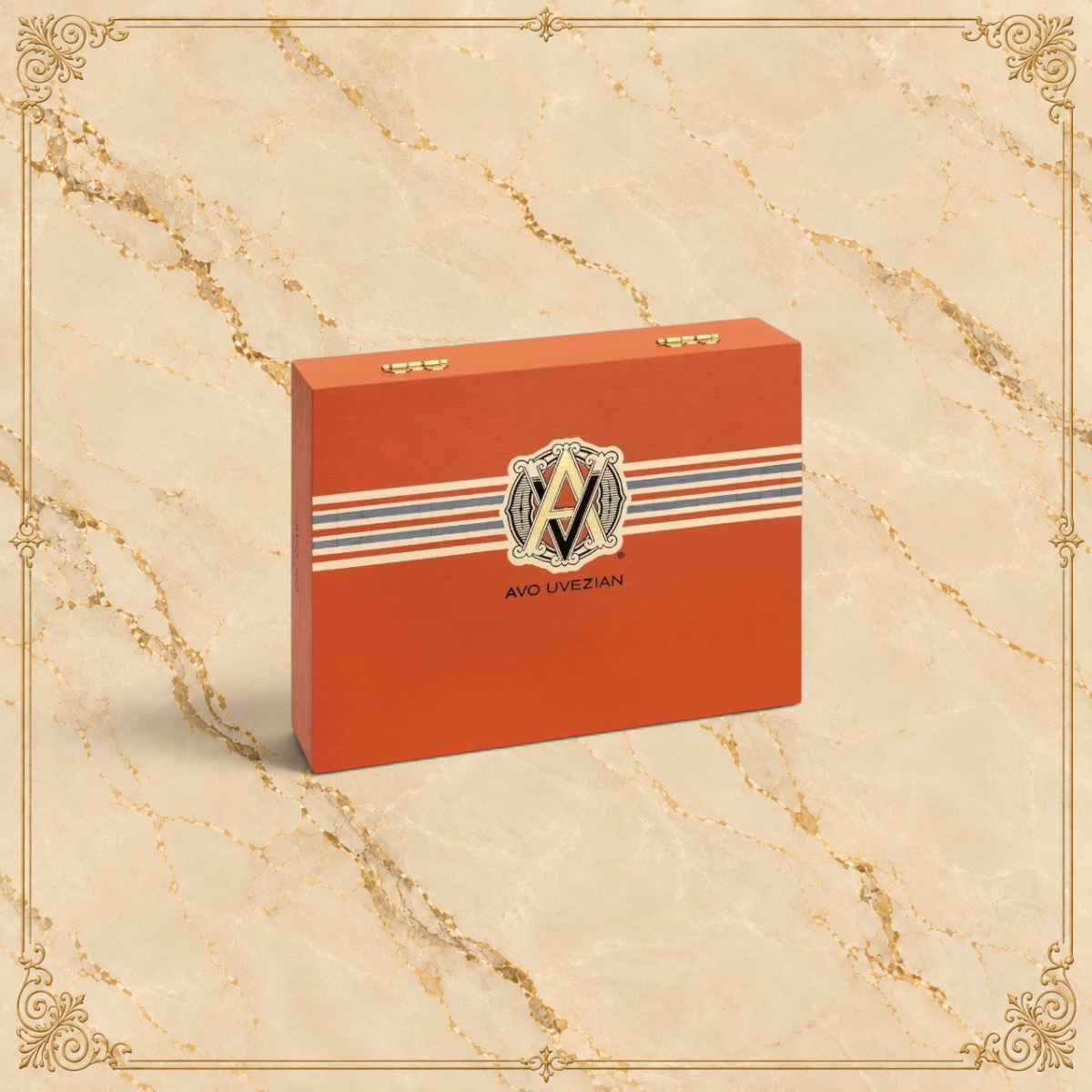 Arcadia Cigars AVO XO Notturno wooden cigar box with orange finish and AVO Uvezian logo branding