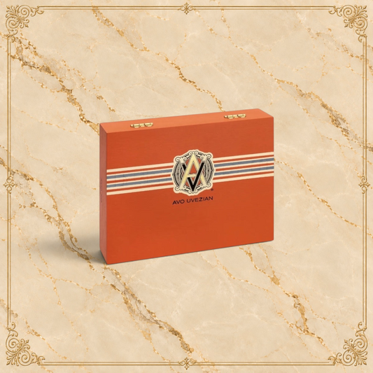 Arcadia Cigars AVO XO Notturno wooden cigar box with orange finish and AVO Uvezian logo branding