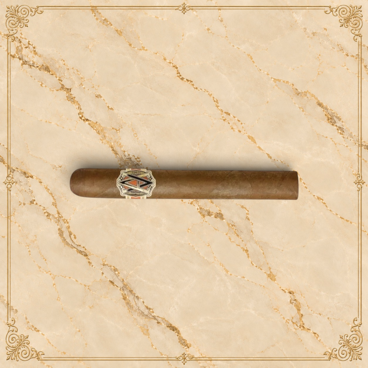 Arcadia Cigars AVO XO Notturno robusto cigar with an Ecuadorian Connecticut wrapper on a textured world map background.