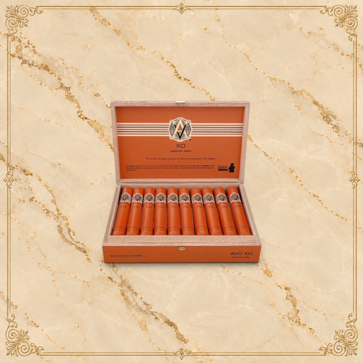 Arcadia Cigars AVO XO Notturno robusto cigars in an open wooden box with orange tubes and branding