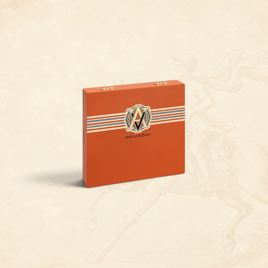 Arcadia Cigars AVO XO Preludio cigar box in orange with classic branding on a textured beige background