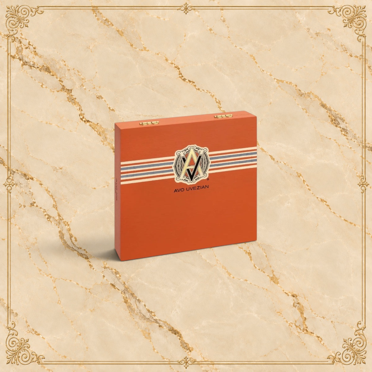 Arcadia Cigars AVO XO Preludio cigar box in orange with classic branding on a textured beige background