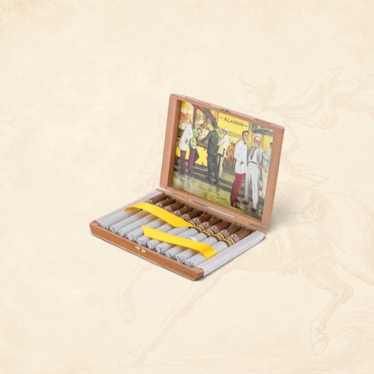 Arcadia Cigars Aladino Corojo Reserva Figurado box-pressed cigars in a wooden box with vintage label art