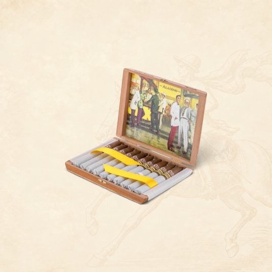 Arcadia Cigars Aladino Corojo Reserva Figurado box-pressed cigars in a wooden box with vintage label art