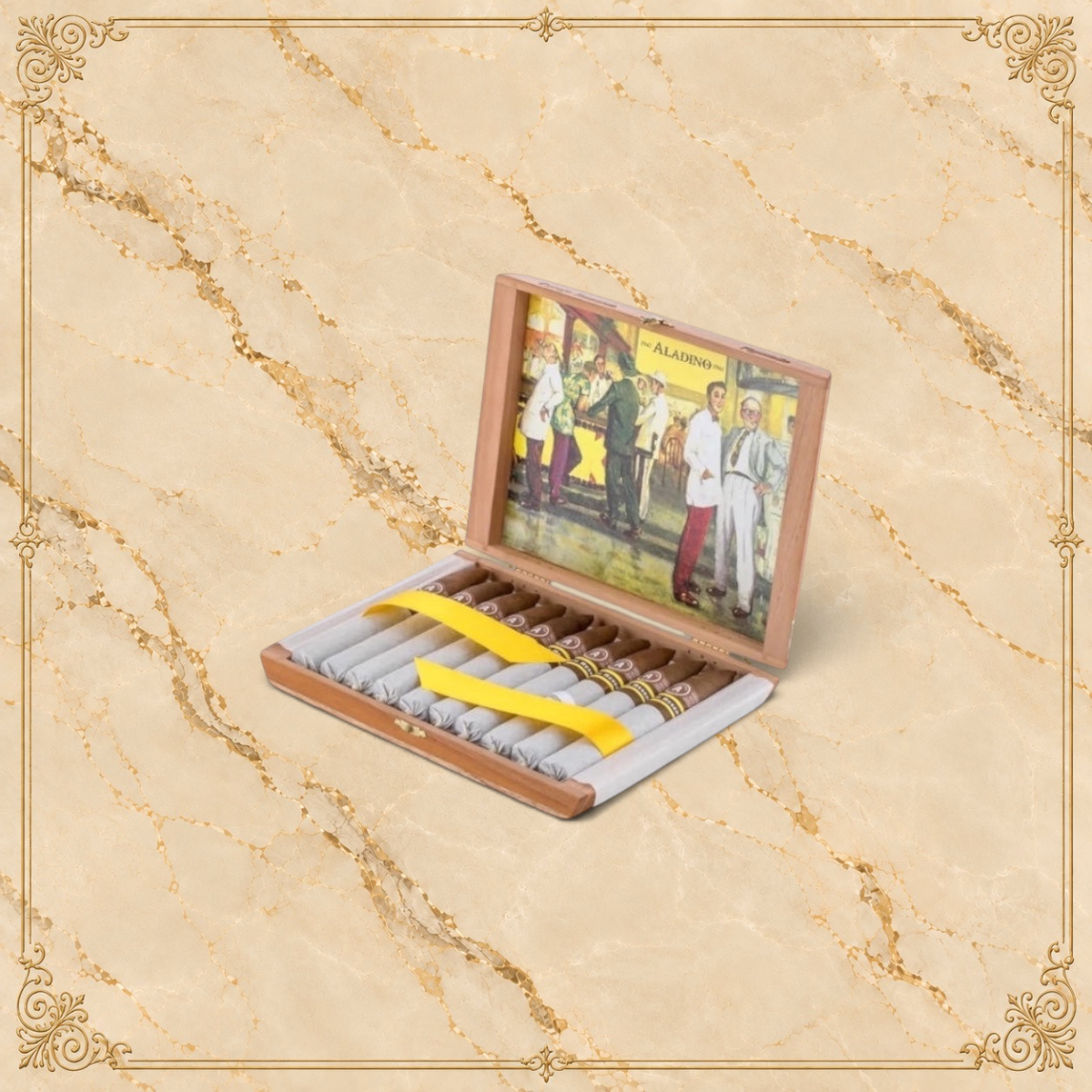 Arcadia Cigars Aladino Corojo Reserva Figurado box-pressed cigars in a wooden box with vintage label art